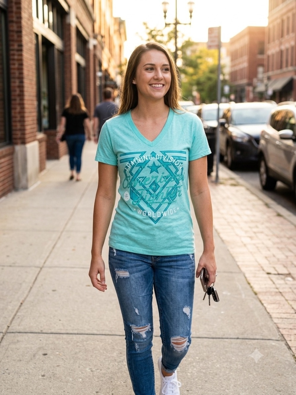 American Fighter Women’s Aqua V-Neck Graphic Tee with Teal Print